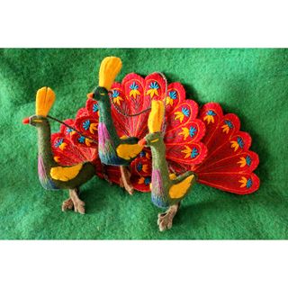 Handcrafted Red Feathers Felt Peacock Ornament (Kyrgyzstan