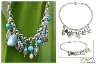 Sterling Silver Open Sea Pearl and Turquoise Necklace (Thailand
