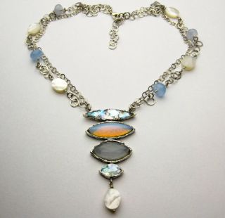 Silver Murano and Roman Glass with Pearl Waterfall Necklace (2 mm