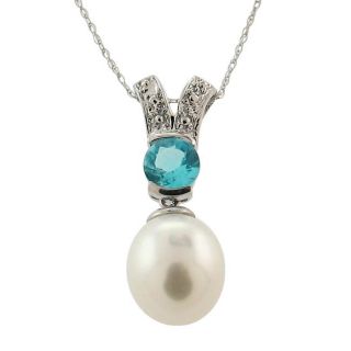 14k White Gold White Freshwater Pearl and Blue Topaz Necklace (8 9 mm