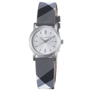 Burberry Womens Check Engrave Silver Dial Fabric Check Strap Watch