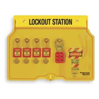 Master Lock 1482BP410 Lockout Station, Filled, 4 Padlocks, Ylw