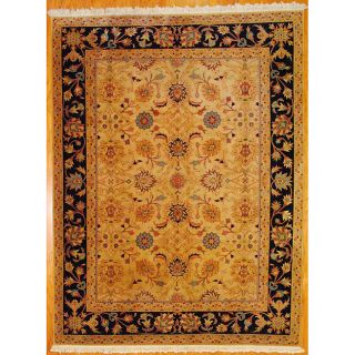 Indo Hand knotted Beige/ Black Mahal Wool Rug (89 x 117)