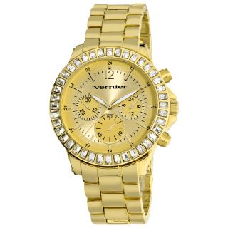 Vernier Womens Large Gold Tone Chrono Look Dial Dual Time Watch