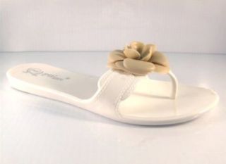Thong Sandals Jelly Shoes W/Flower Trim 5 Colors (7, White 201) Shoes