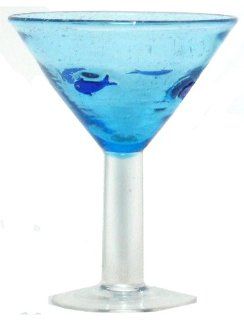 Hand Blown Glass Blue Fish Martini Glass 6.25H Set of