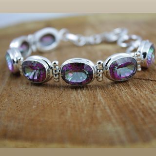 Sterling Silver Oval Mystic Fire Topaz Hinged Bracelet (India