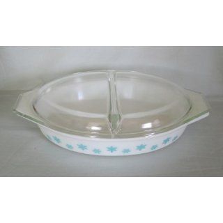 Vintage 1950s Pyrex Snowflake  Turquoise on White  Divided Glass 1 1
