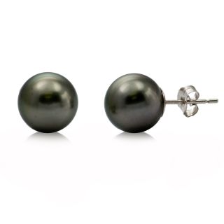 DaVonna Silver Black 9 10mm Tahitian Pearl Stud Earrings with Gift Box