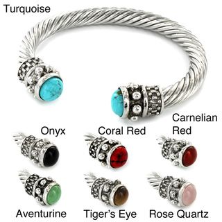 Silvertone Natural Gemstone and High polish Metal Bangle Bracelet