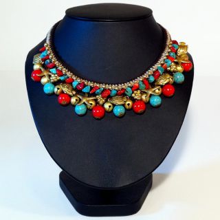 Brasstone Turquoise and Red Coral Bead Necklace (Thailand) Today $26