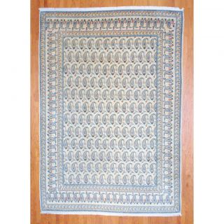 Antique Persian Hand knotted 1930s Kashan Ivory/ Light Blue Wool Rug