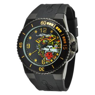 Ed Hardy Mens Black Steel Dive Immersion Tiger Watch