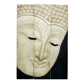 Large Acacia Wood Crackling White Three Panel Buddha Face