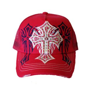 Womens Red Rhinestone Cross Trucker Hat