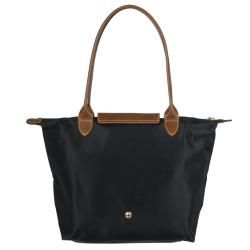 Longchamp Small Le Pliage Black Nylon Brown Leather Handle Tote Bag