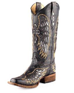 Womens Distressed Black Winged Cross Silver Inlay Boot   A1986 Shoes