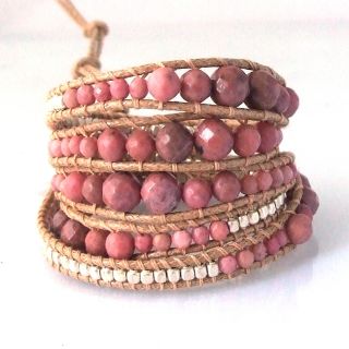 Earthy Gems Pink Rhodonite Stone Snake Cord Leather Wrap Bracelet