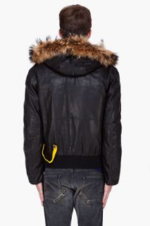 Parajumpers Black Raccoon Fur Trim Leather Gobi Jacket for men