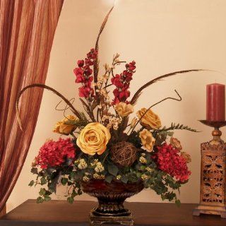 Silk Rose, Hydrangea & Feathers Centerpiece Home