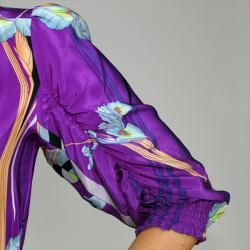 Bilingual Clothing Womens Purple Silk Mosaic Ruched 3/4 sleeve Blouse