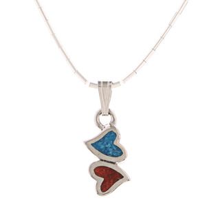 Southwest Moon Double Hearts Turquoise and Coral Inlay Liquid Metal