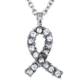 Silvertone Clear Crystal Breast Cancer Awareness Ribbon Charm Necklace