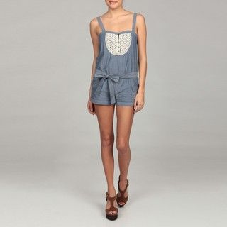 Jessica Simpson Juniors Crochet Detail Belted Chambray Romper