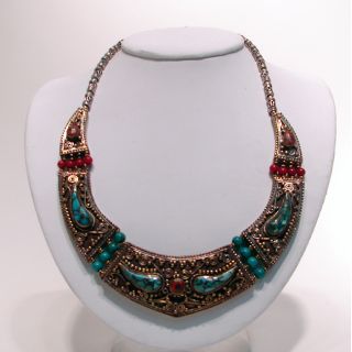 Brass and Silver Turquoise and Coral Bead Necklace (Nepal)